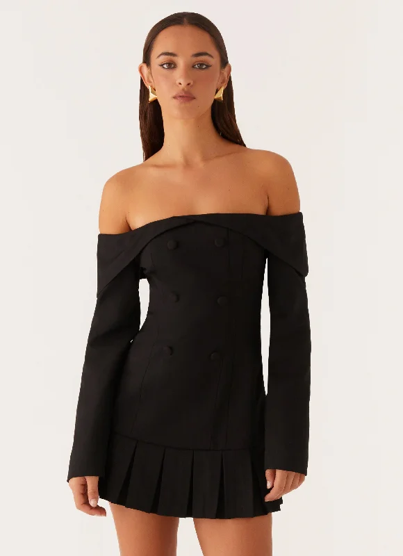 Tarlisha Off Shoulder Long Sleeve Mini Dress - Black Fashionable Polka Dot Mini Dress