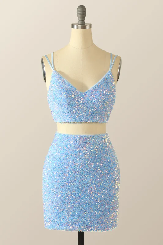 Two Piece Blue Sequin Tight Mini Dress Stylish Ruffle Mini Dress