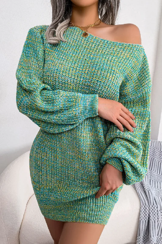 Vintage Boat Neck Long Sleeve Marled Knit Sweater Mini Dress - Blue Comfortable Shift Mini Dress Vintage Boat Neck Long Sleeve Marled Knit Sweater Mini Dress - Blue Comfortable Shift Mini Dress