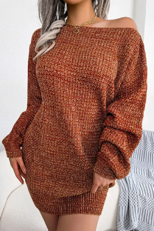Vintage Boat Neck Long Sleeve Marled Knit Sweater Mini Dress - Coffee Cozy Long Sleeve Mini Dress Vintage Boat Neck Long Sleeve Marled Knit Sweater Mini Dress - Coffee Cozy Long Sleeve Mini Dress