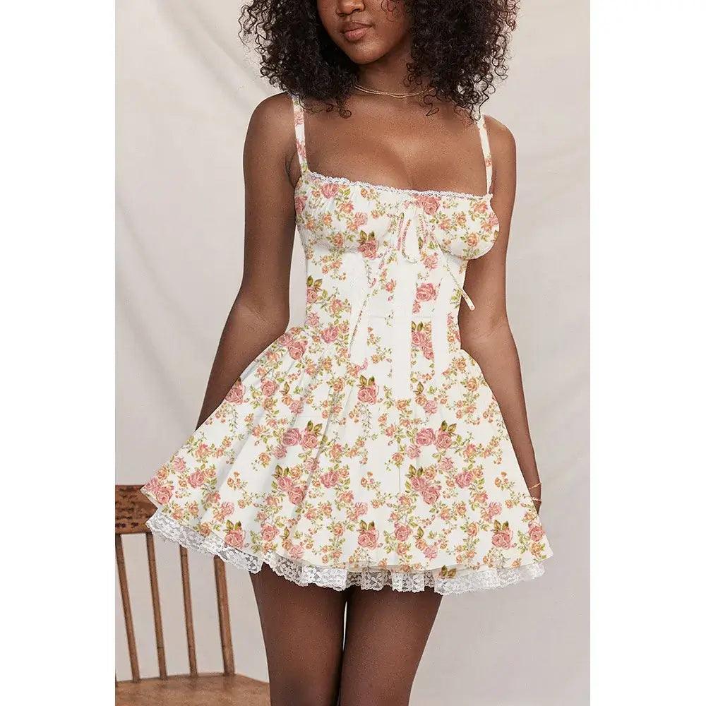 Vintage Corset Style Mini Dress Classic Floral Mini Dress