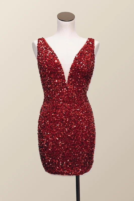 Wine Red Sequin Tight Mini Dress Trendy Denim Mini Dress