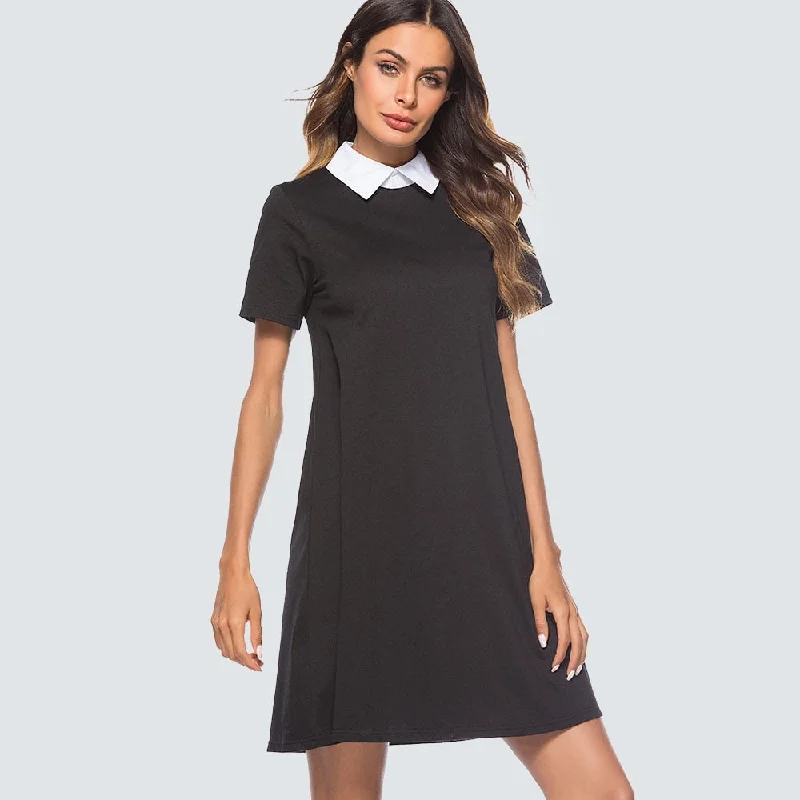 Women Casual Brief Solid Color Shift Mini Dress Black Turn-down Collar Short Sleeve Straight Lady Dress HT035 Casual High-Waist Mini Dress Women Casual Brief Solid Color Shift Mini Dress Black Turn-down Collar Short Sleeve Straight Lady Dress HT035 Casual High-Waist Mini Dress