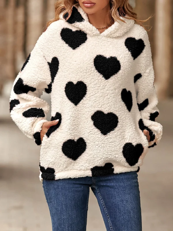 Fuzzy Heart Pocketed Dropped Shoulder Hoodie Hoodie with Hidden Zipper Minimalist Clean