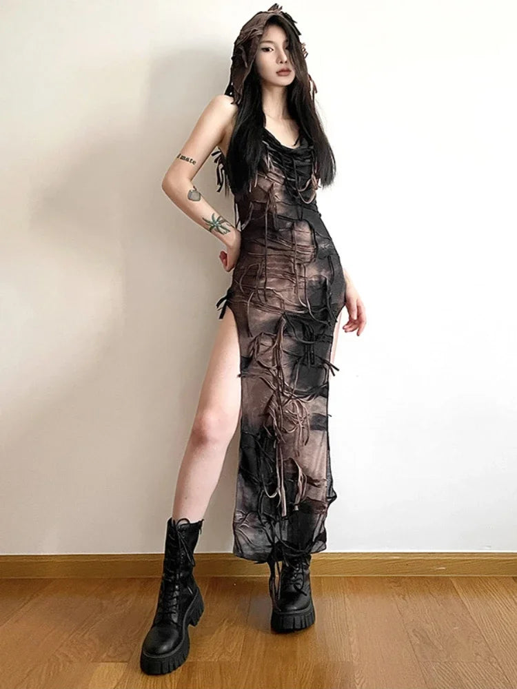 Tassel Sleeveless High Y2K Gothic Grunge Tie Fairy Midi Hooded Sexy Vintage Gown Dye Split Gown Hoodie with Tied Waist Feminine Flattering