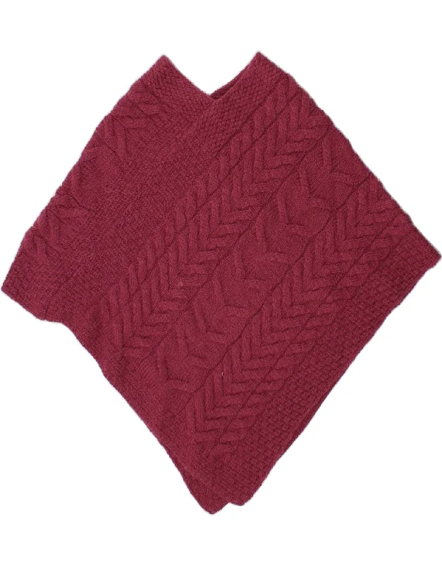ARAN Womens Poncho Jumper One Size Burgundy Merino Wool Toggled Drawstring Belted