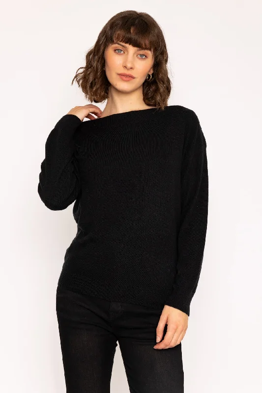 Boat Neck Knit Jumper in Black Herringbone Houndstooth Plaid