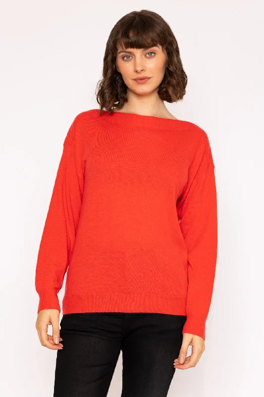 Boat Neck Knit Jumper in Red Thin Thick Dense