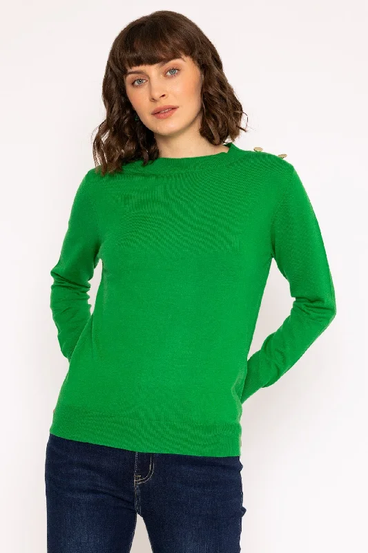 Button Detail Knit Jumper in Green Stretchy Elastic Breathable