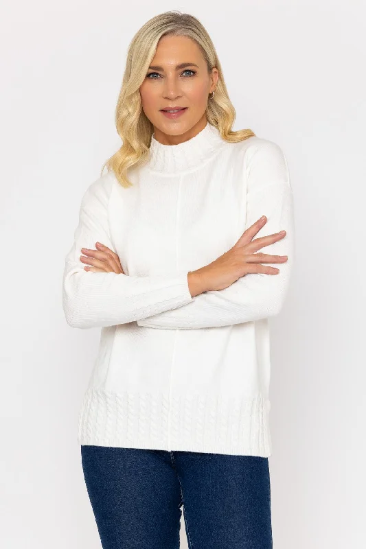 Cable Trim Jumper in Ecru Notch Collar Peter Pan Collar Cowl Neck