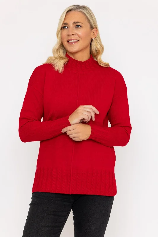 Cable Trim Jumper in Red Cashmere Blend Cotton Blend Poly Blend