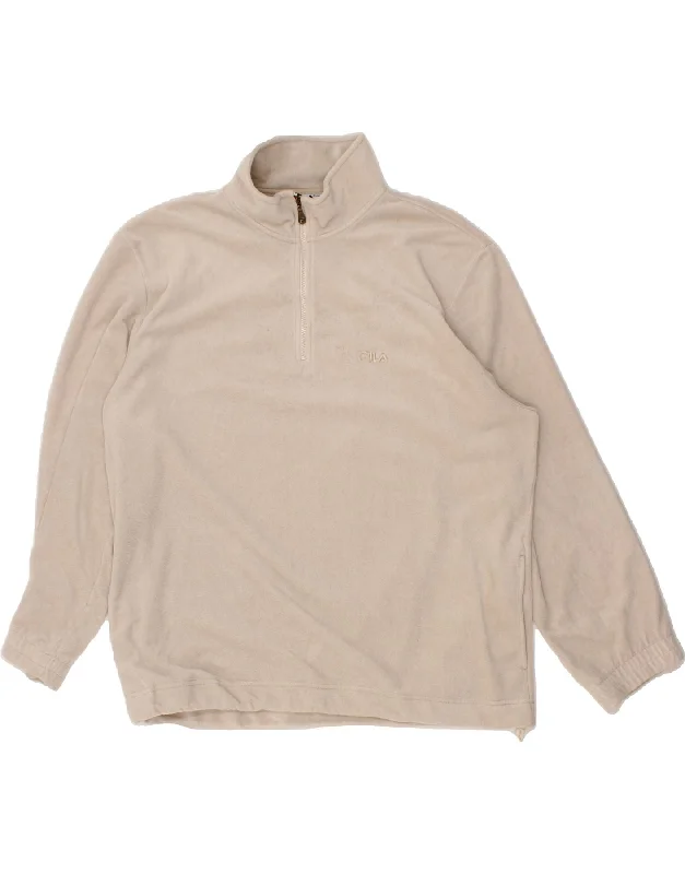 FILA Womens Oversized Zip Neck Fleece Jumper UK 18 XL Beige Handmade Hand-knitted Hand-woven