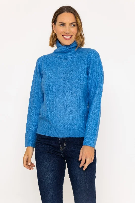Funnel Neck Knit Jumper in Blue Turtle Neck Boat Neck Asymmetrical Neck