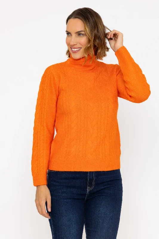 Funnel Neck Knit Jumper in Orange Open Front Closed Front Wrap Front