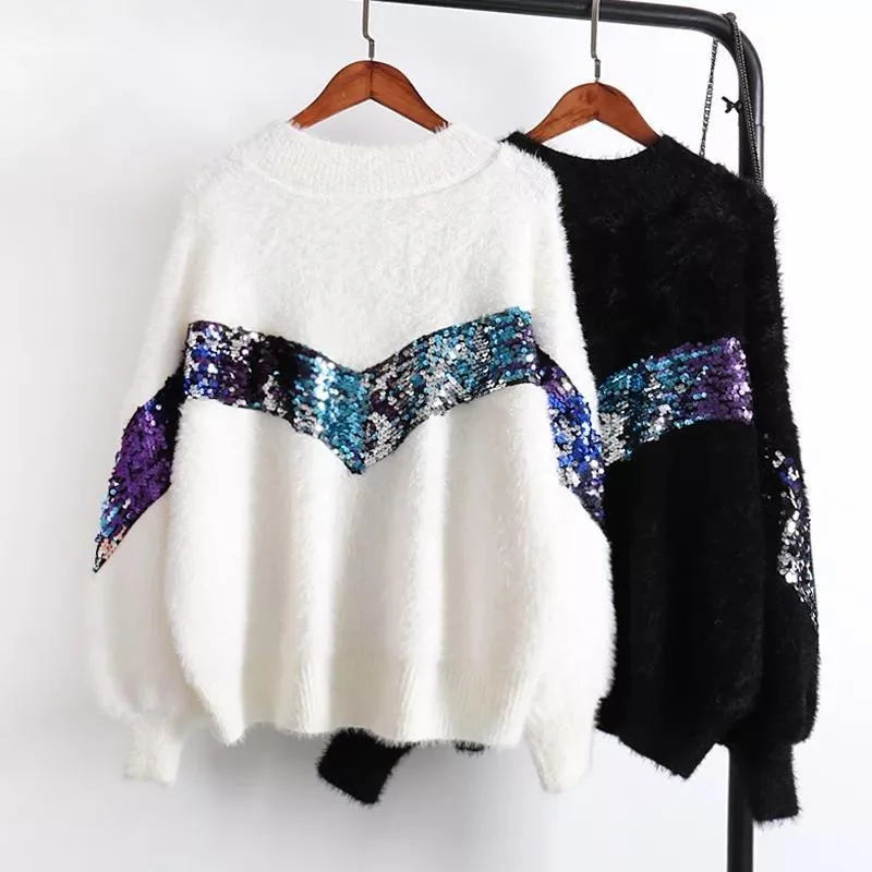 Fuzzy Sequined Jumpers Seamless Knitted Crochet
