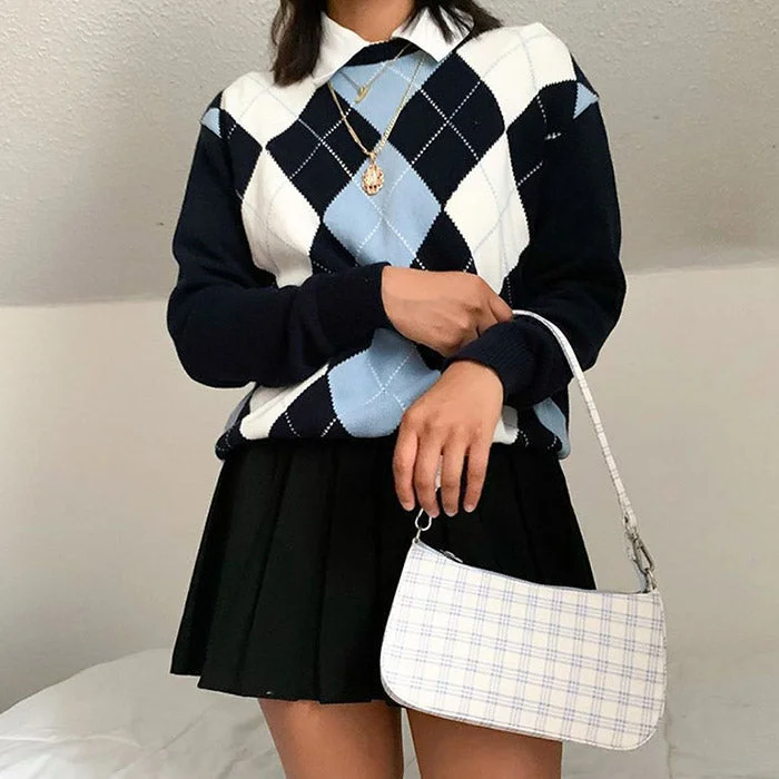 High School Argyle Jumper Notch Collar Peter Pan Collar Cowl Neck