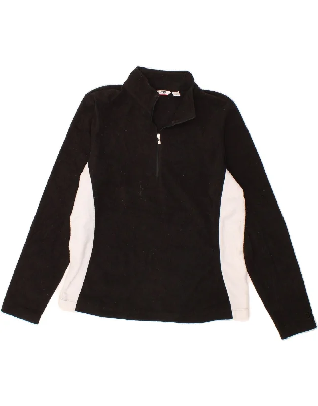 IZOD Womens Zip Neck Fleece Jumper UK 14 Medium Black Colourblock Graphic Sweater Embroidered Appliqued
