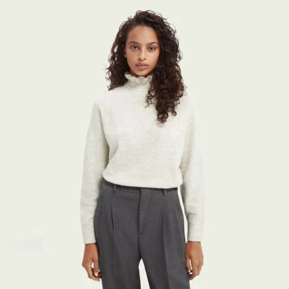 Ruffled High Neck Jumper (Off White) Lace Blend Ribbed Blend Corduroy Blend