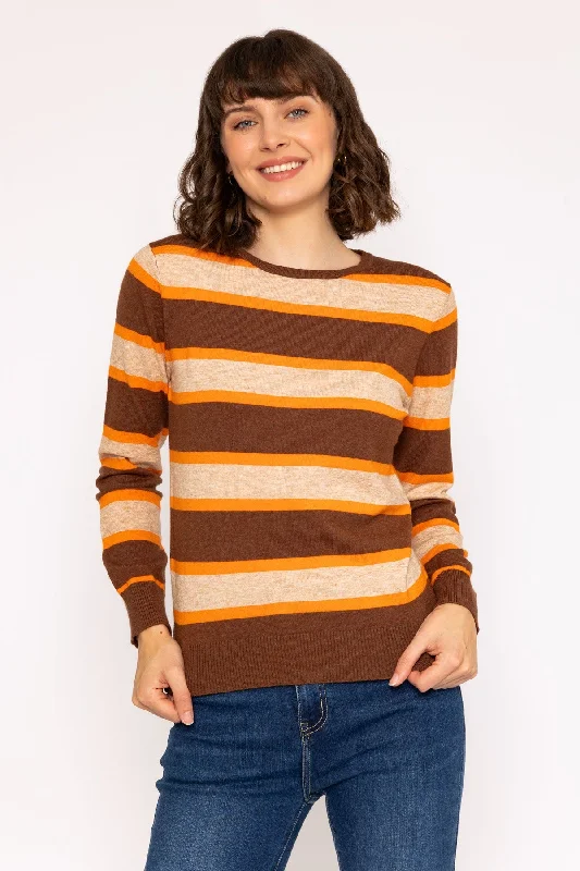Soft Touch Stripe Knit Jumper in Brown Beaded Sweater Sequined Faux Fur