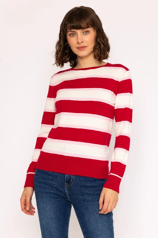 Soft Touch Stripe Knit Jumper in Red Turtle Neck Boat Neck Asymmetrical Neck