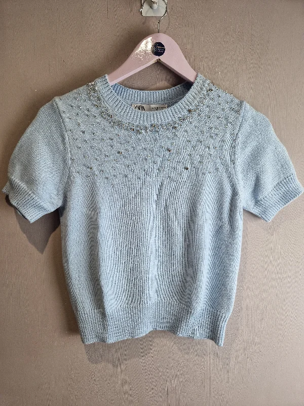 Zara blue knitted embellished jumper - small Denim Fabric Leather Fabric Suede Fabric