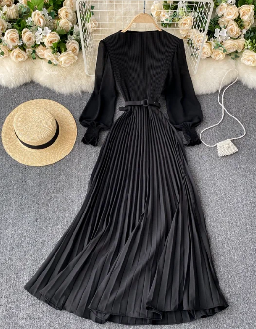 Fashion Modern Design Women's Elegant Round Neck Long Sleeve French Pleated Long Skirt cashmere skirt soft