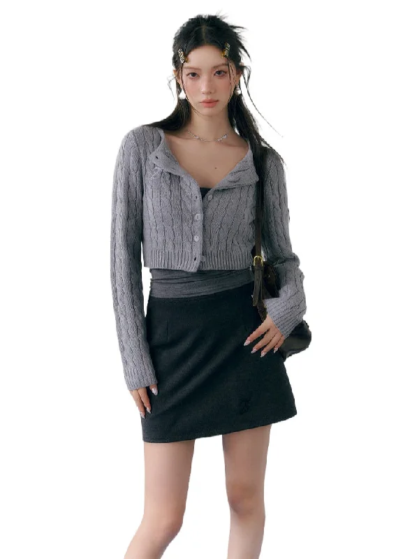 Academy Style Knit Sweater Cardigan Set Herringbone Houndstooth Plaid