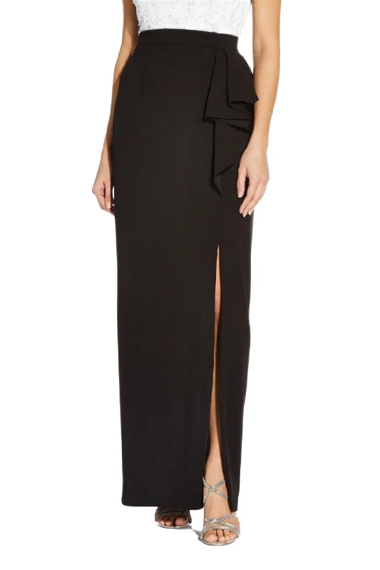 Adrianna Papell Mid Banded Waist Ruffled Slit Side Solid Long Knot Crepe Skirt satin skirt smooth