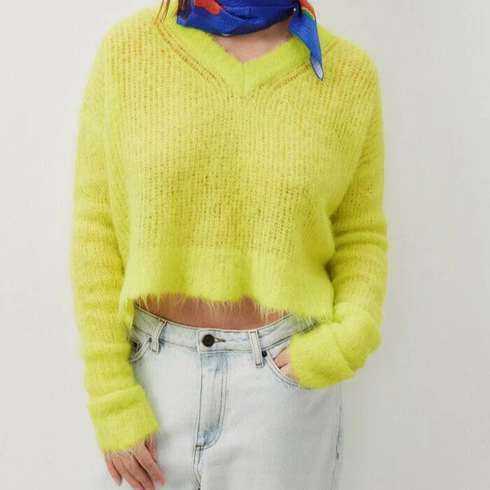 American Vintage Women's Jumper Bymi - Fluroescent Yellow Denim Fabric Leather Fabric Suede Fabric