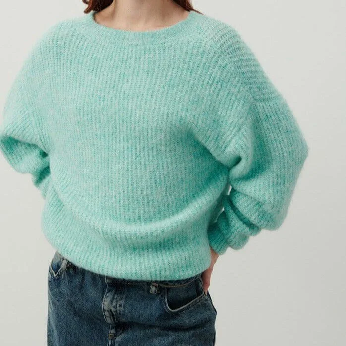 American Vintage Women's Jumper East- Lagoon Melange Boat Neck Shawl Collar Notched Collar