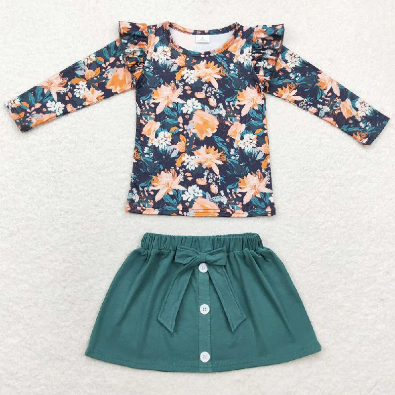 Baby Girls Clothes Fall Navy Flowers Shirts Skirt  Sets GLD0590 lace skirt feminine