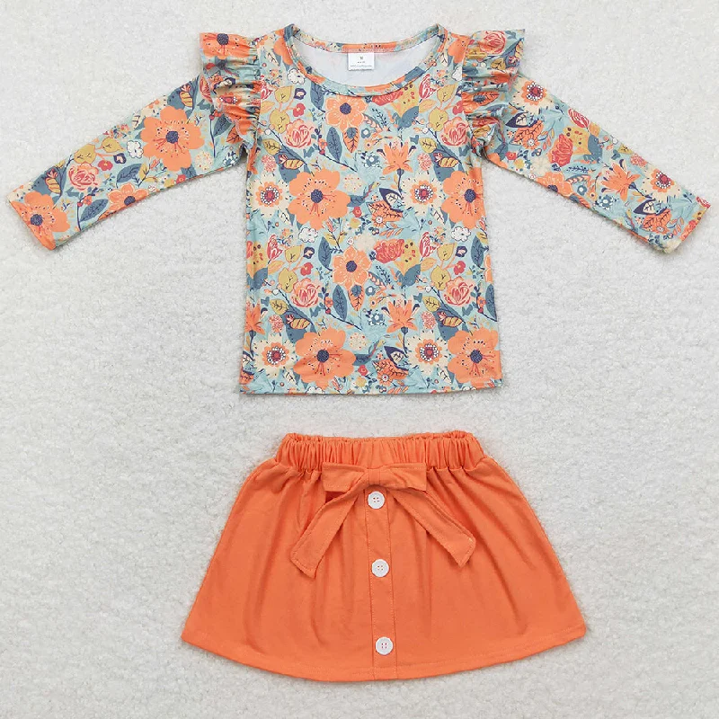 Baby Girls Clothes Fall Orange Flowers Shirts Skirt Sets GLD0591 leather skirt refined