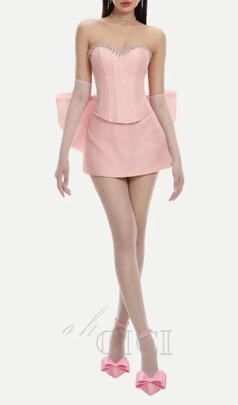 back bowknot embellished skirt suit in pink velvet skirt plush