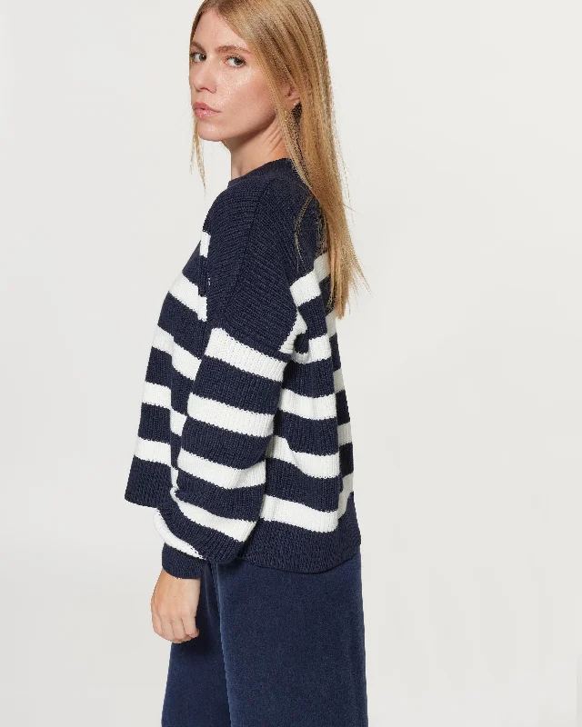 Berta Knitted Jumper Navy White Embroidered Appliqued Beaded