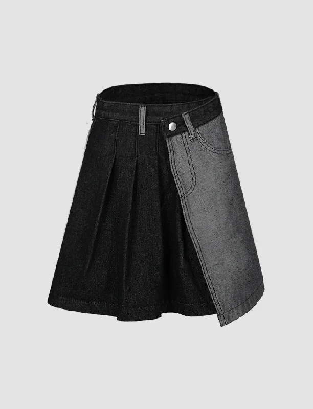 Black Stitching Irregular Denim Mini Skirt wool skirt thick