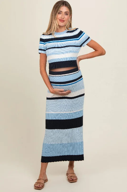 Blue Ribbed Striped Maternity Skirt Set casual skirt length