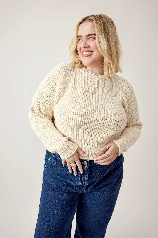 Bobbie Cropped Knitted Jumper Ecru Beaded Sweater Sequined Faux Fur