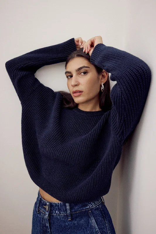 Bobbie Cropped Knitted Jumper Navy Sweater Knitwear Pullover