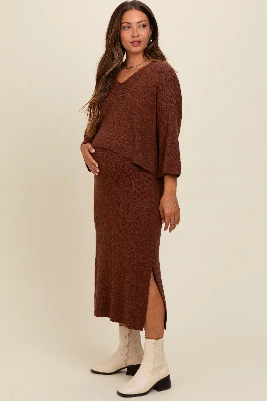 Brown Textured Knit Top And Midi Skirt Maternity Set tulle skirt dreamy