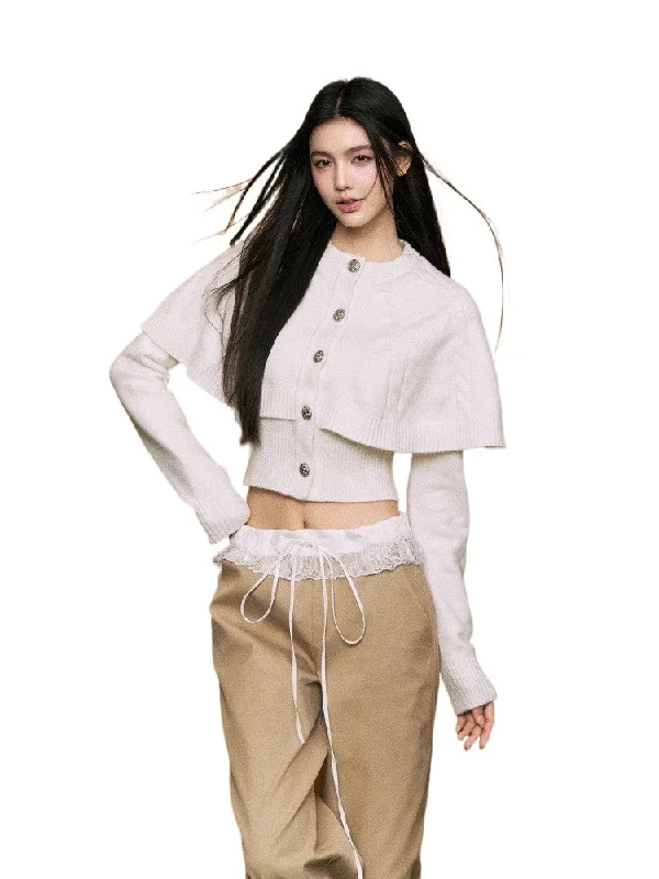 Cape-Style Twisted Cable Knit Cardigan Sweater Embroidered Appliqued Beaded