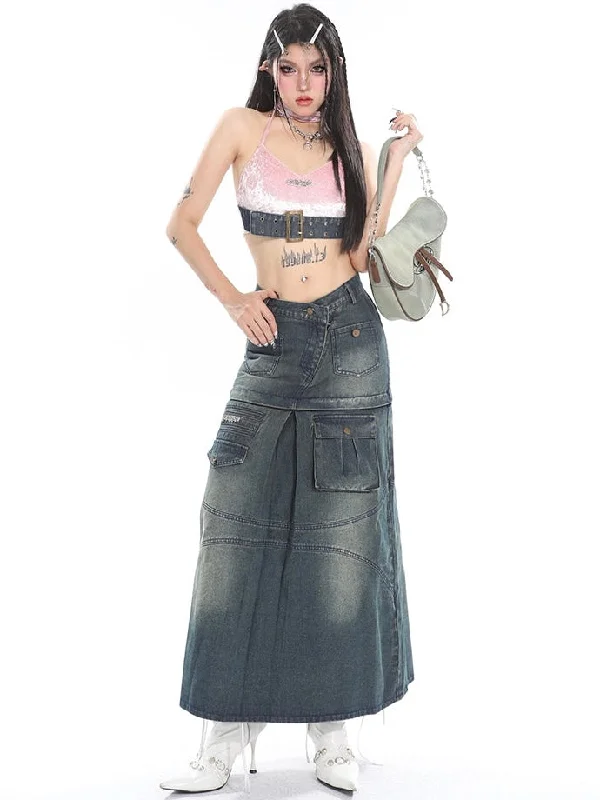 Carly Pink Velour Velvet Choker Halter Neck Denim Belt Strap Cropped Top + High V-Waist Multi-Pocket Denim Pleated Long Skirt Matching Set cashmere skirt plush