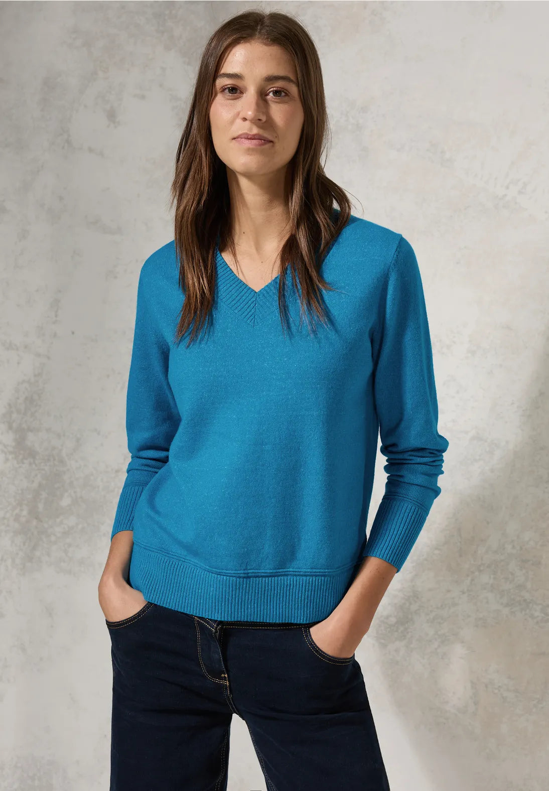 Cecil Blue Cotton mix V Neck Jumper 302949 Fleece Fabric Down Fabric Feather Fabric