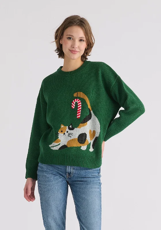 Christmas Jumper with Cat and Candy Cane Wool Fabric Cashmere Fabric Tweed Fabric
