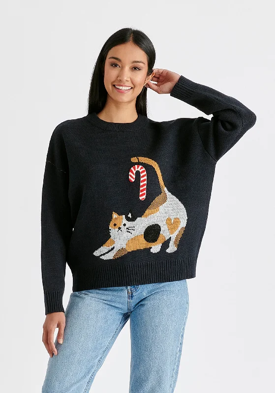 Christmas Jumper with Cat and Candy Cane Lace Blend Ribbed Blend Corduroy Blend