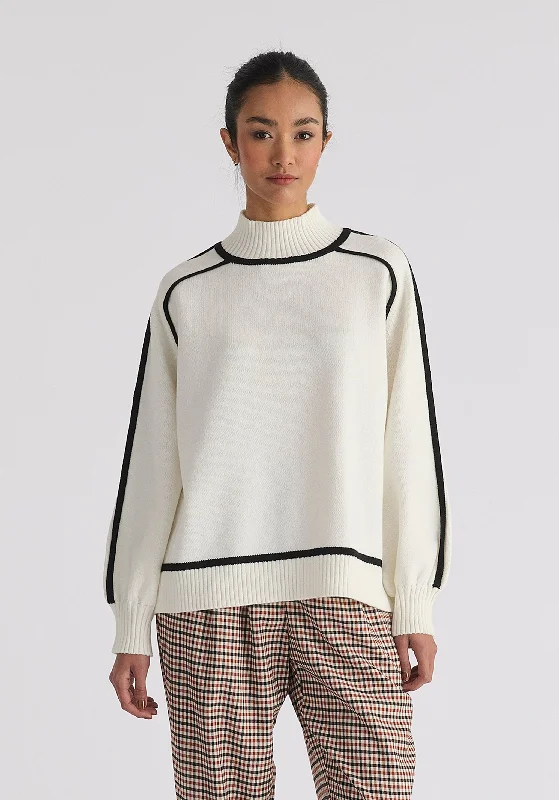 Contrast Stripe Piping Mock Neck Jumper Chenille Blend Fleece Blend Nylon Blend