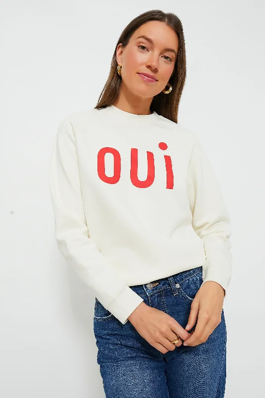 Cream with Bright Poppy Oui Sweatshirt Hoodie with Sequins Glamorous Eye-catching
