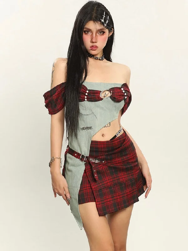 Dauna Red Check Paneled Denim College Off-the-Shoulder Top + Belt Strap Mini Skirt Matching Set silk skirt sleek