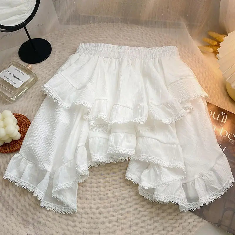 Elastic Waist White Black Irregular Mini Kawaii Skirt Japanese Style School Y2k Aesthetic Ruffles Short Skirt Women Streetwear linen skirt breathable