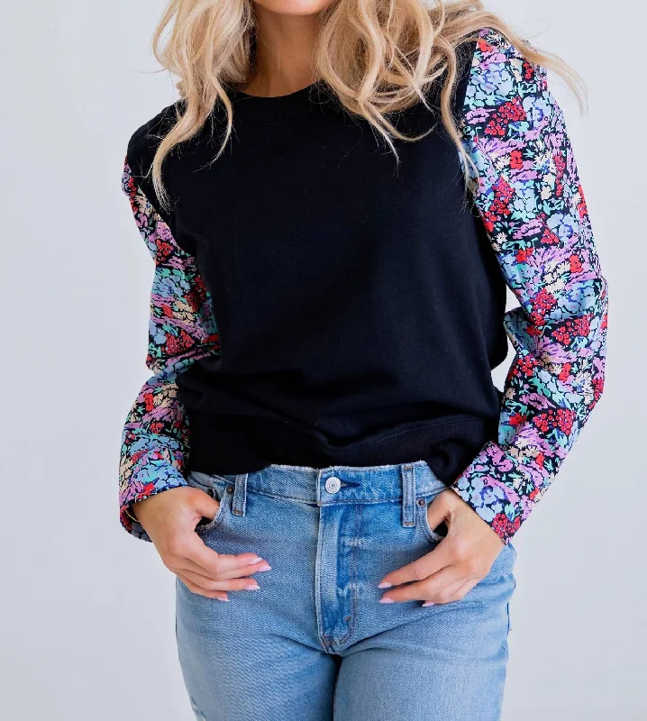 Floral Poplin Sweatshirt In Black Hoodie with Illustration Artistic Creative