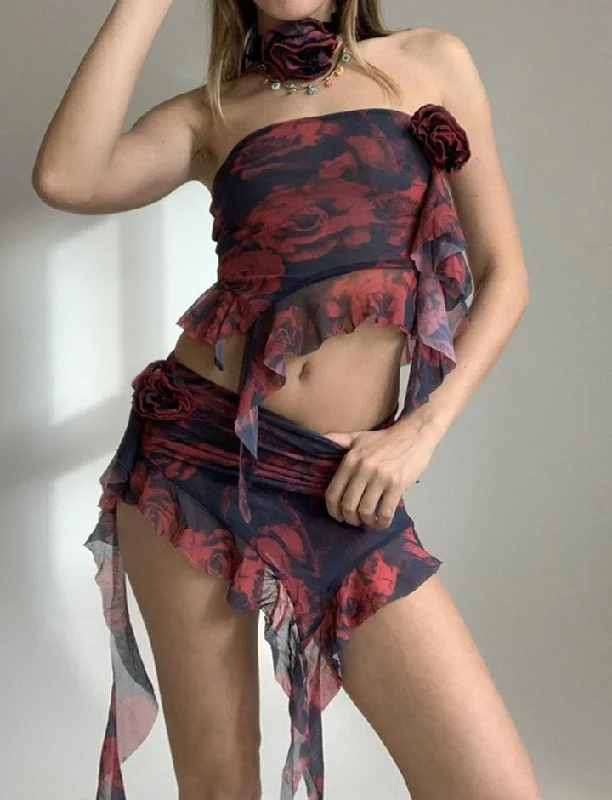 Flower Decor Retro One-shoulder Tube Top With   Ruffle Mini Skirt Co ord Set tiered skirt playful